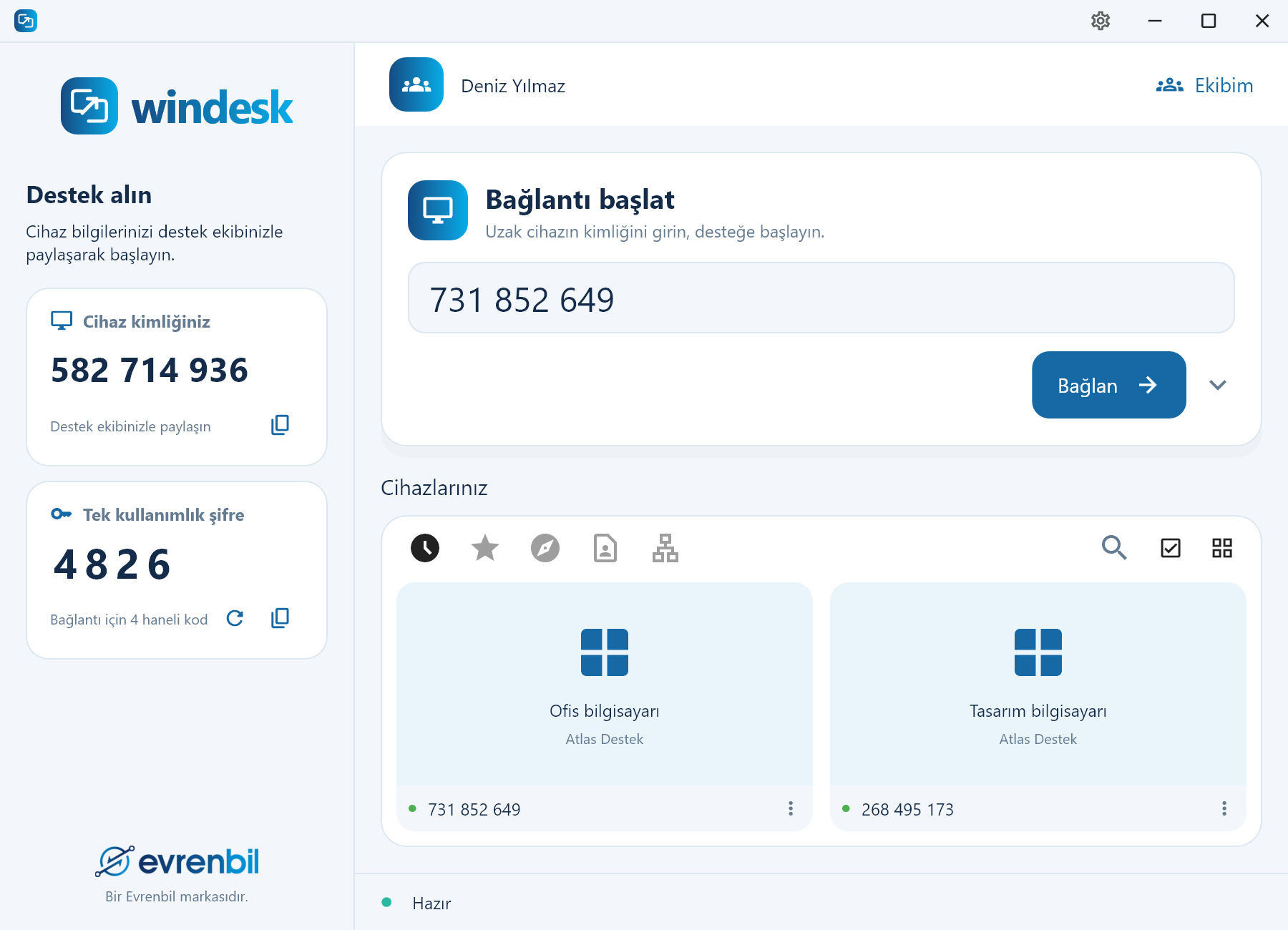 Windesk Windows uygulamasında bağlantı başlatma ve cihazlar ekranı
